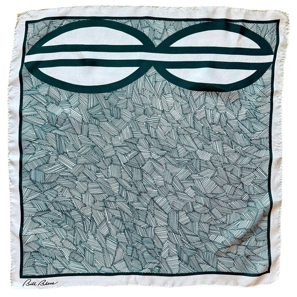 Bill Blass Green Geometric Print Scarf Square 23x23 Vintage Silk Blend
